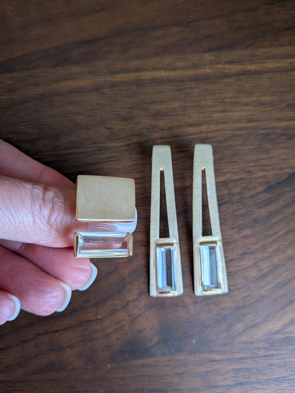 Gold Plated Geometric Ring and Earring Set with Clear Crystal - Like New!